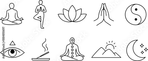 Set of black line icons representing yoga, meditation and mindfulness including seated poses, lotus flower, human silhouette with chakras, praying hands, sun, cloud, eye and hand gesture. Minimalist o