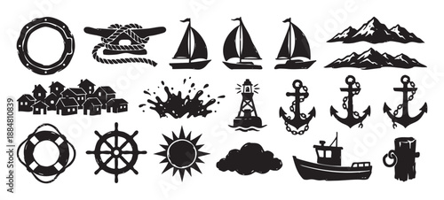 Hand-drawn set of black nautical icons featuring a sailboat, anchor, lighthouse, and ship's wheel in a rustic, grunge silhouette style for maritime and sea travel themes