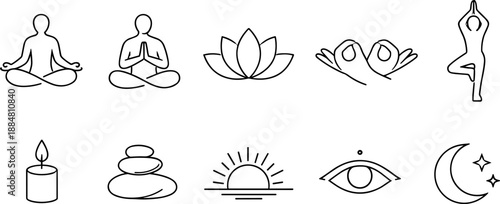 Set of black line icons representing yoga, meditation and mindfulness including seated poses, lotus flower, human silhouette with chakras, praying hands, sun, cloud, eye and hand gesture. Minimalist o