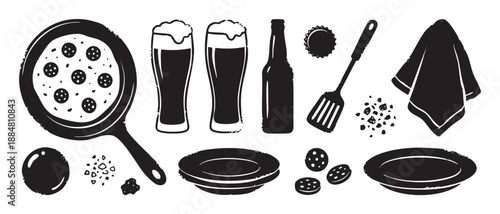 Collection of black grunge food icons featuring pizza in a pan, beer glasses, a bottle, and kitchen utensils with a distressed, hand-drawn, stamp-like texture for a pizzeria menu