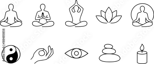 Set of black line icons representing yoga, meditation and mindfulness including seated poses, lotus flower, human silhouette with chakras, praying hands, sun, cloud, eye and hand gesture. Minimalist o
