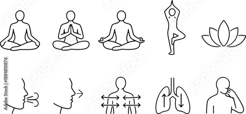 Set of black line icons representing yoga, meditation and mindfulness including seated poses, lotus flower, human silhouette with chakras, praying hands, sun, cloud, eye and hand gesture. Minimalist o