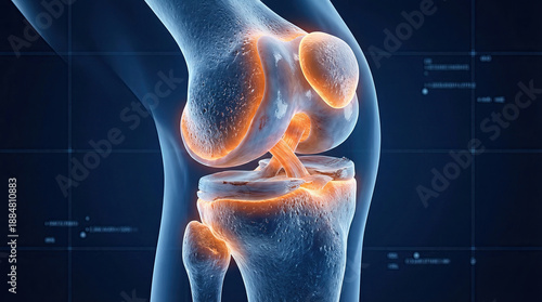 Close-up of inflamed human knee joint anatomy. Blue bones with orange glowing highlights on femur, tibia, fibula, patella; dark digital sci-fi background.