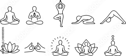 Set of black line icons representing yoga, meditation and mindfulness including seated poses, lotus flower, human silhouette with chakras, praying hands, sun, cloud, eye and hand gesture. Minimalist o