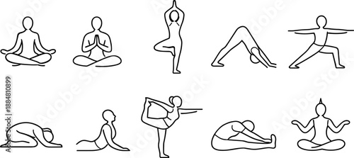 Set of black line icons representing yoga, meditation and mindfulness including seated poses, lotus flower, human silhouette with chakras, praying hands, sun, cloud, eye and hand gesture. Minimalist o