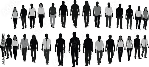 Silhouettes of 30 diverse individuals walking forward, showcasing motion, attire, posture, and unity in black vector design