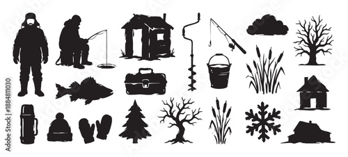 Collection of black ice fishing silhouettes including a fisherman, hut, rod, auger, fish, and other winter elements in a graphic stamp style