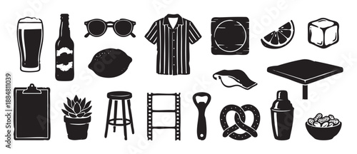 Collection of black graphic icons related to bar culture and summer leisure, featuring beer, cocktails, snacks, and clothing in a hand-drawn linocut illustration style