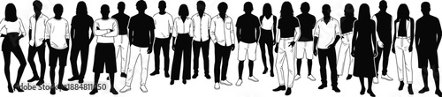 Silhouettes of 24 diverse individuals in line, showcasing varied attire, posture, hairstyle, unity, and social representation design