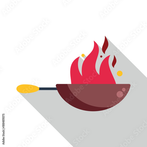 Cooking in a wok with flames and heat flat design icon