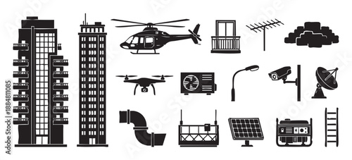 Black urban object and building equipment icons featuring a helicopter, drone, solar panel, security camera, and skyscraper in a graphic silhouette style illustration