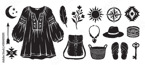 Collection of black hand-drawn bohemian clothing and accessories including an embroidered tunic, hat, bag, and tribal symbols in a rustic linocut illustration style