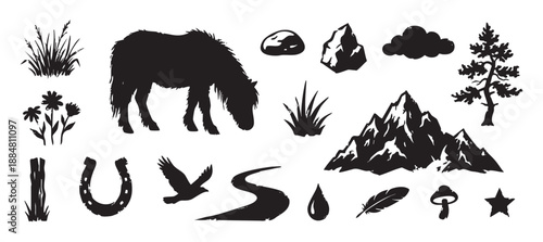 Collection of black nature-themed silhouettes featuring a horse, mountain, tree, bird, and other rustic elements in a hand-drawn, stamp-style vector illustration set for design