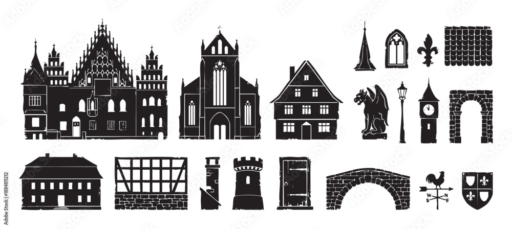 Obraz premium Set of black medieval architectural element silhouettes featuring a gothic church, town hall, half-timbered house, stone bridge, gargoyle, and other historic old town icons