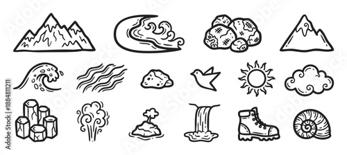 Set of hand-drawn nature and travel icons in a simple black line art doodle style featuring mountains, waves, sun, and a hiking boot for outdoor adventure themes