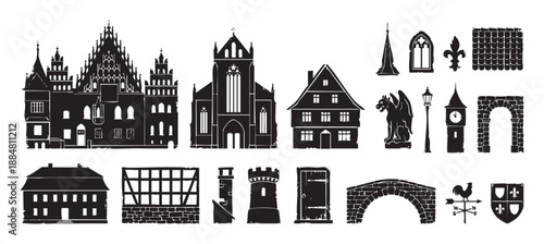 Set of black medieval architectural element silhouettes featuring a gothic church, town hall, half-timbered house, stone bridge, gargoyle, and other historic old town icons
