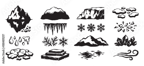 Set of black winter nature icons featuring an iceberg, mountain, snowflakes, and icicles in a bold, hand-drawn, stamp-style graphic illustration collection