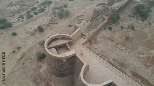 A top-down aerial shot of Derawar Fort's one of the forty bastions. Fort is undergoing massive rehabilitation and restoration. 4K Drone Video
