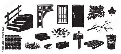 Set of black urban and nature elements including stairs, a door, a barred window, ivy, and a trash can in a graphic, hand-drawn woodcut illustration style
