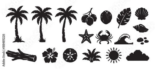 Collection of black tropical beach silhouettes featuring palm trees, a crab, seashells, and a hibiscus flower in a graphic stamp and pixel art illustration style
