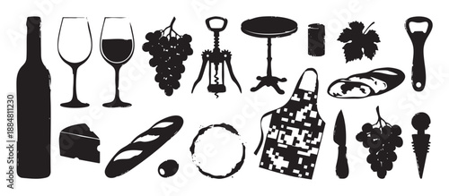 Black textured silhouette collection of wine and food pairing icons, featuring a bottle, glasses, grapes, corkscrew, cheese, bread, and an apron in a graphic stamp style