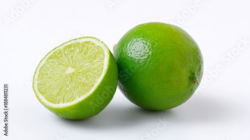 Fresh limes sit together on a plain background. One is whole while the other is cut in half, revealing its juicy inside. The vibrant green color attracts attention and invites freshness. AI