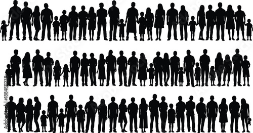 Silhouettes of diverse family groups in standing poses, showing unity, variation in structure, attire, and emotional connection