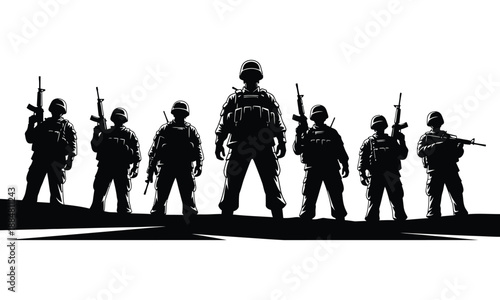 Silhouette of seven soldiers standing in formation with assault rifles against a