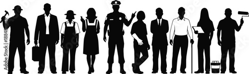 Silhouettes of diverse professions including construction, business, farming, police, student, disabled, painter, showcasing occupational roles and attire