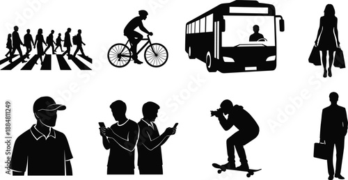 Silhouettes of urban people in motion, showing walking, biking, shopping, commuting, working, and leisure activities in city life
