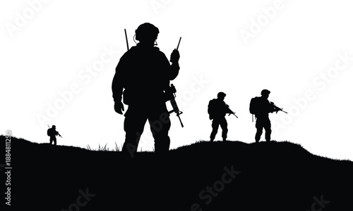 Silhouette of soldiers on a hilltop communicating and carrying weapons during military operation or patrol against white sky