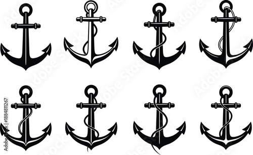 Stylized anchor silhouette set with varied fluke, rope, and crossbar designs