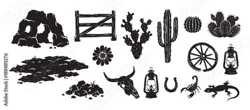 Collection of black western desert icons featuring a cactus, bull skull, lantern, and scorpion in a graphic, hand-drawn, stamp-style illustration set for design elements