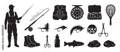 Black silhouette icon set of fly fishing gear and equipment including a fisherman, rod, reel, lures, vest, and trout for outdoor sport and recreation
