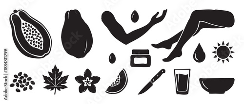 Hand-drawn black linocut style icon set with papaya fruit, seeds, flower, and elements for natural skincare, beauty routine, and healthy lifestyle concepts