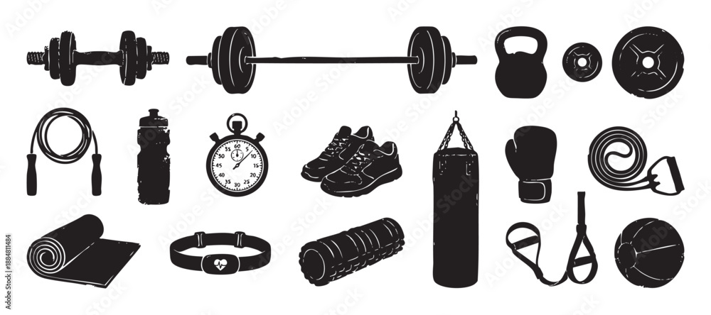 Fototapeta premium Collection of black fitness equipment icons including a dumbbell, barbell, kettlebell, and punching bag, illustrated in a distressed, hand-drawn grunge style for workout concepts