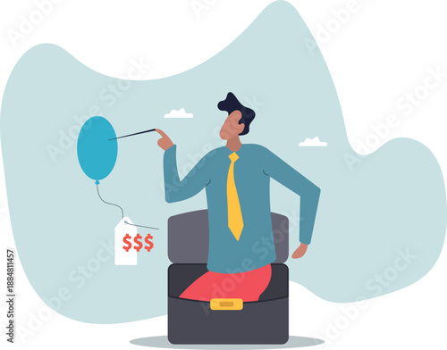 Businessman needle pierces balloon concept of price reduction and sale.
