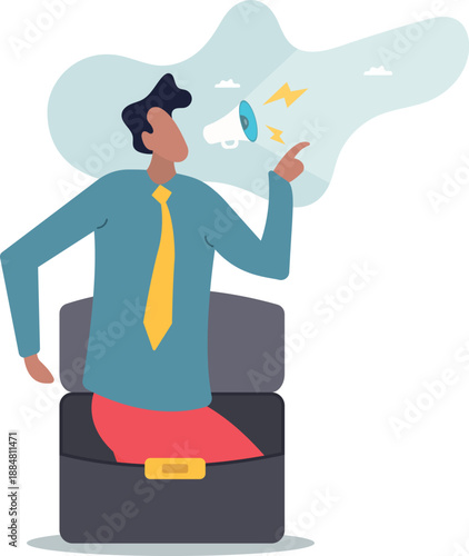 Businessman shouting into loudspeaker advertising concept to attract attention.