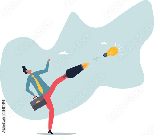 A businessman shoots out a cannon of great ideas, the concept of success and a successful startup.