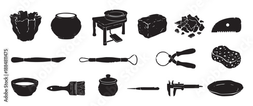 Set of black silhouette pottery equipment icons including a potter's wheel, clay, vase, and various sculpting tools in a hand-drawn, graphic style