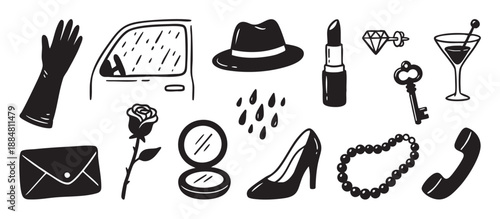 Collection of black and white hand-drawn noir icons including a fedora, lipstick, high heel, and cocktail, representing a mystery or detective story in a retro graphic style
