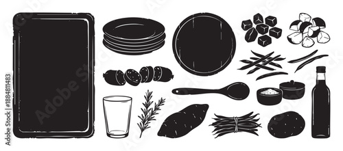 Hand-drawn set of rustic food illustrations including potatoes, sausage, green beans, plates, a spoon, and a menu board, depicted in a black and white woodcut style