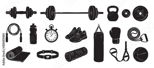 Collection of black fitness equipment icons including a dumbbell, barbell, kettlebell, and punching bag, illustrated in a distressed, hand-drawn grunge style for workout concepts