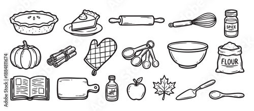 Set of hand-drawn baking icons for autumn pie includes a pumpkin, flour, spices, rolling pin, and other kitchen utensils in a black and white doodle style illustration