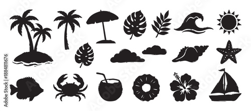 Collection of black summer beach silhouettes featuring a palm tree, sun, wave, crab, and other tropical elements in a grunge, hand-drawn brush stroke vector illustration style