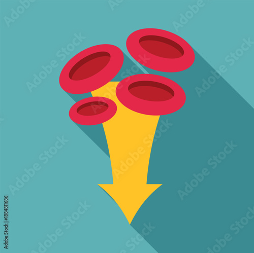 Red blood cells flowing down a yellow arrow, symbolizing a decrease in blood count
