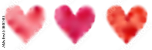 Set of three red and pink bleeding ink watercolor hearts. Vector decorative love sign on white background