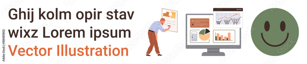 Fototapeta premium Data analysis, business reporting, analytics tools, financial statistics, productivity visualization, infographic design. Person presenting graphs, charts on screen and smiling face icon. Business