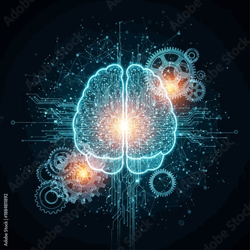 Digital Mindscape: A vibrant illustration of the human brain, illuminated with neon lines, interwoven with intricate circuit boards and gears.
