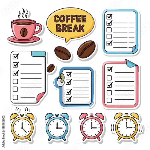 Coffee Break and Task Management: A cheerful collection of vibrant stickers showcasing coffee, checklists, and alarm clocks, perfect for capturing moments of relaxation and productivity.